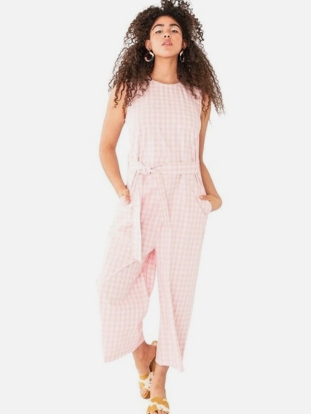 ban.do Easy Picnic Light Pink Gingham 100% Cotton Wide Leg Tie-Waist Jumpsuit